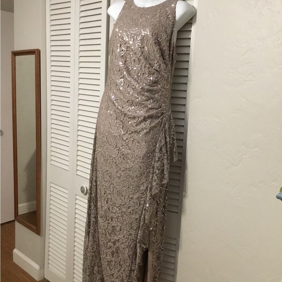 Alex Evenings Buff Maxi Gown with Ruffled Slit and Halter Neckline - Picture 6 of 7